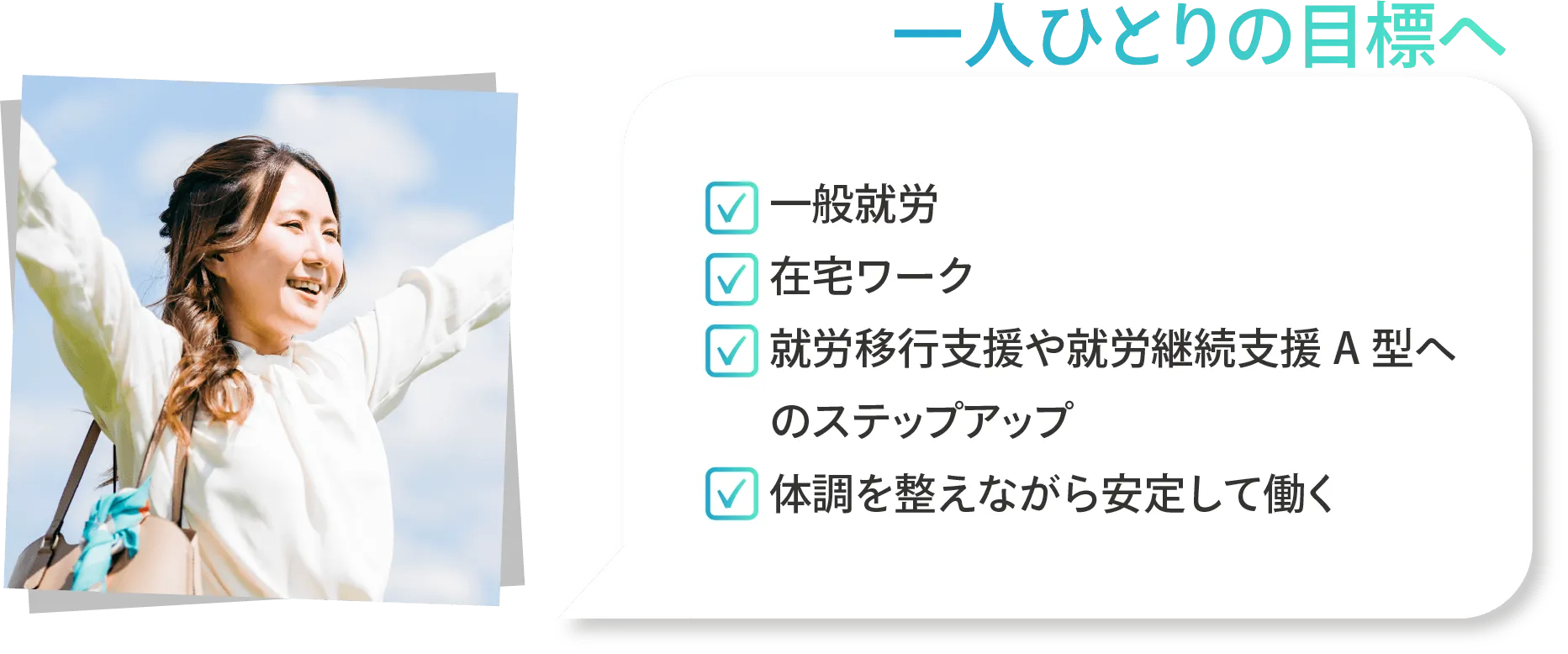 一人ひとりの目標へ。一般就労や在宅ワーク、就労移行支援へのステップアップを目指す